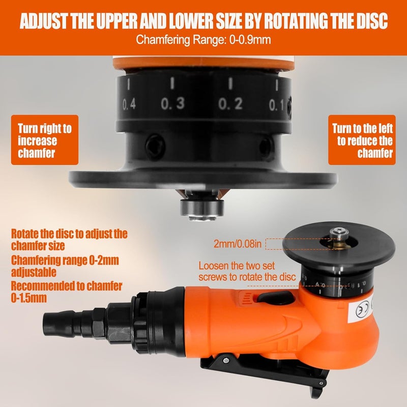 SWTHM 2 in 1 Mini Pneumatic Chamfering Machine, 45° Arc Corner Beveling Trimming Deburring Machine 30000RPM Handheld Chamfering Air Chamfer Tool with 1/4 Inch Air Inlet (C&R Angle Blades,Orange) - Image 4